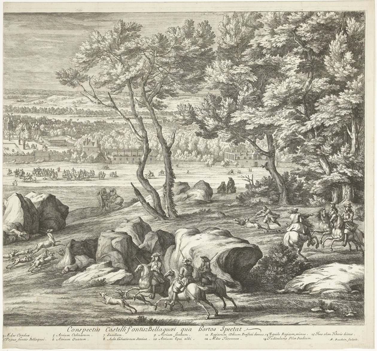 Näkymä Fontainebleaun linnalle (oikealla sivulla) Veuë du Chasteau de Fontainebleau du costé du Jardin (otsikko esineessä) tekijältä Adriaen Frans Boudewyns