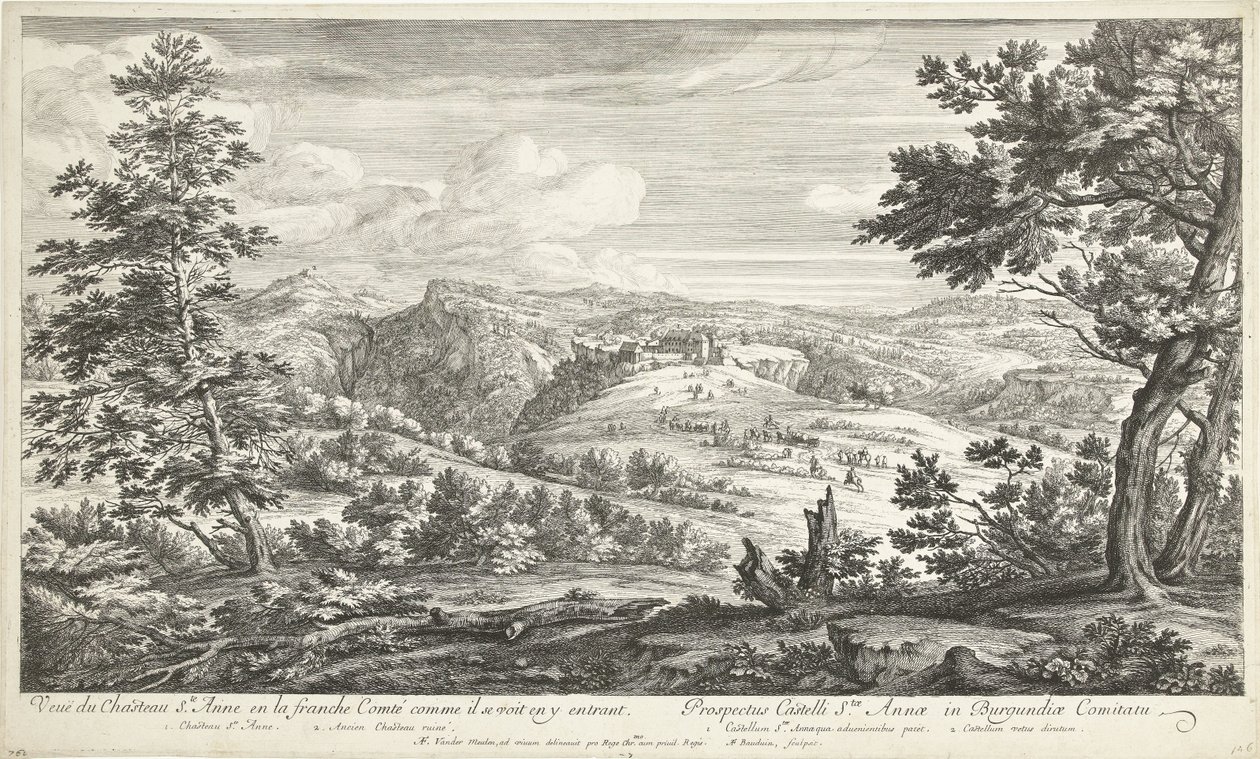 Gezicht op het kasteel van Sainte Anne Näkymä linnalle Ste. Anne vapaassa Comtéssa, kun hän näkee itsensä sisään astuvan (otsikko esineessä) tekijältä Adriaen Frans Boudewyns