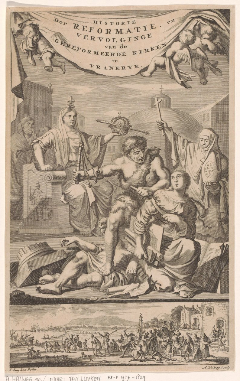 Ranskan reformoitu kirkko joutui ihmisen kimppuun vitsauksella Nimisivu: E. Benoist, Vrankrijkin reformoitujen kirkkojen historia, 1696 tekijältä Adriaen Haelwegh