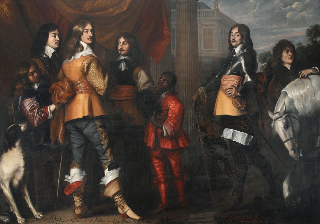 Willem Frederik van Nassau-Dietz (1613-1664), Hendrik Casimir I van Nassau-Dietz (1612-1640), Hendrik van Nassau-Siegen (1611-1652) ja Yrjö Frederik van Nassau-Siegen (1606-1674) sekä palvelijat ryhmäkuvassa. tekijältä Adriaen Hanneman