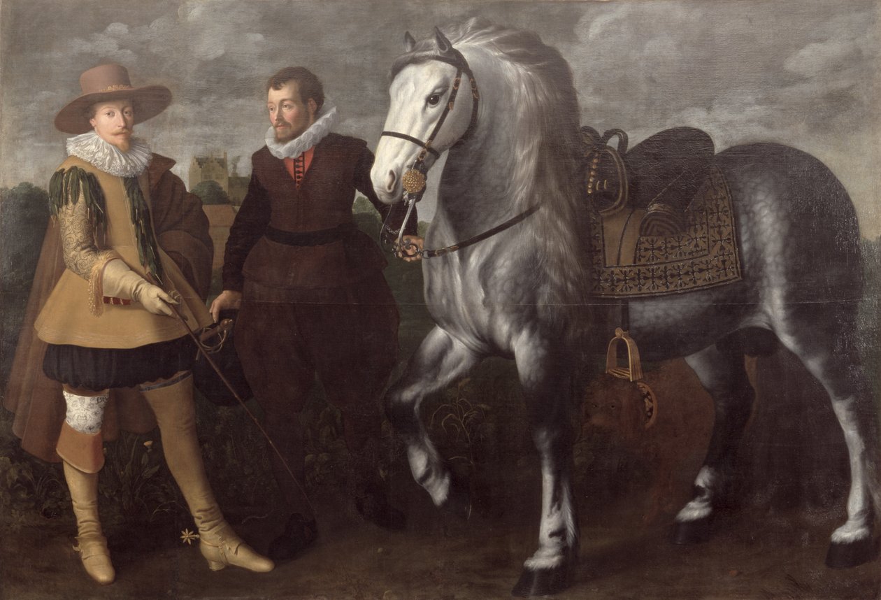 Muotokuva herrasmiehestä hevosen ja sulhasen kanssa, 1624 tekijältä Adriaen I van Nieulandt