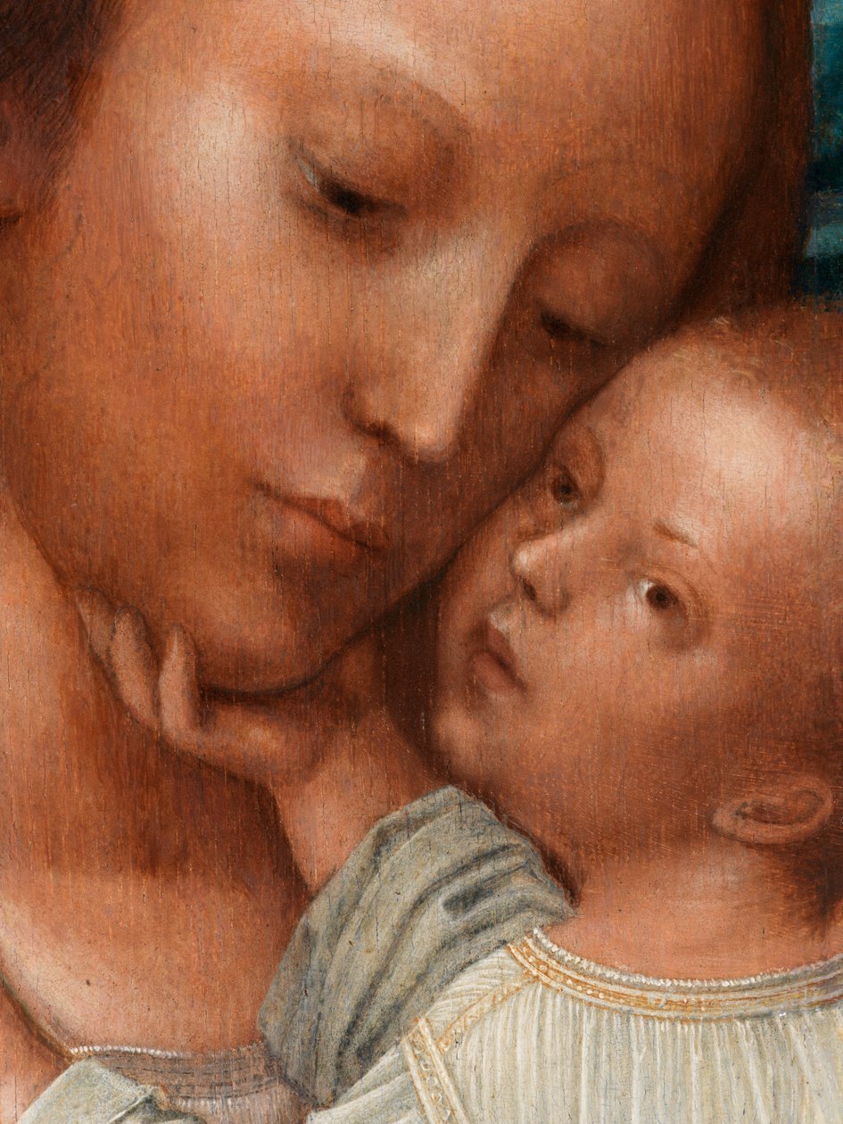 Yksityiskohta Madonnasta Johannes Kastajan ja Pyhän Hieromuksen kanssa (öljy paneelissa) tekijältä Adriaen Isenbrandt or Isenbrant