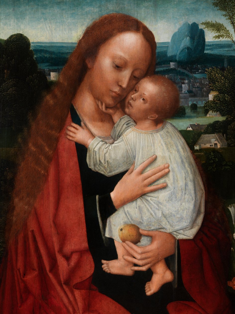 Yksityiskohta Madonnasta Johannes Kastajan ja Pyhän Hieromuksen kanssa (öljy paneelissa) tekijältä Adriaen Isenbrandt or Isenbrant