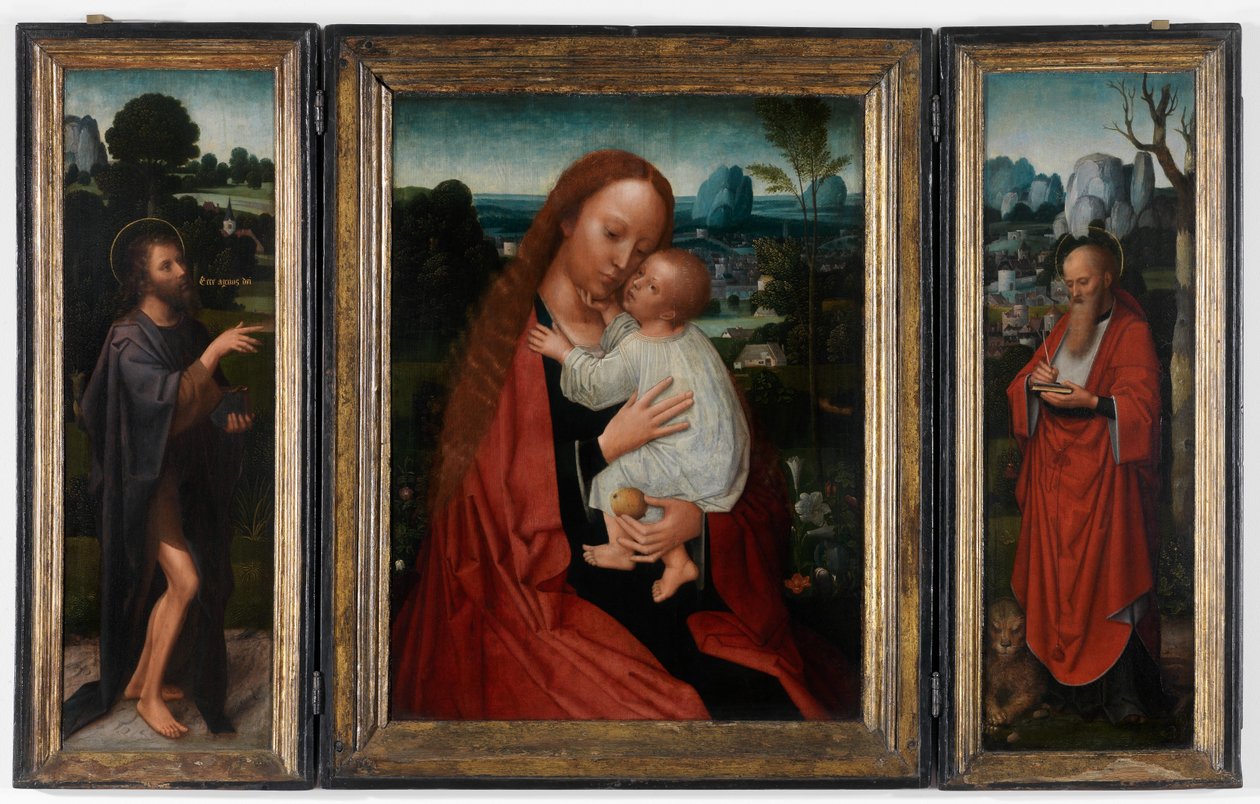 Madonna Johannes Kastajan ja Pyhän Hieromuksen kanssa (öljy paneelissa) tekijältä Adriaen Isenbrandt or Isenbrant