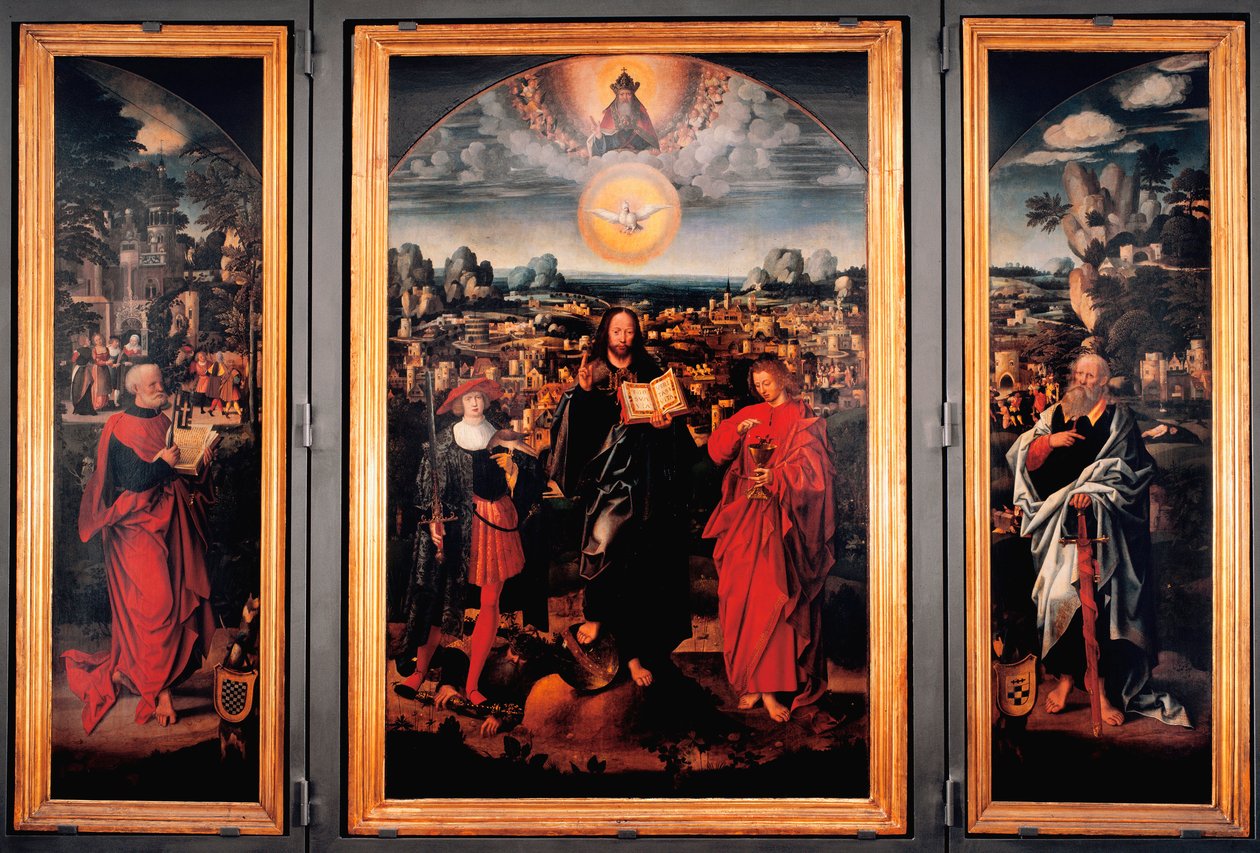 Tryptic of Saint Pancrace - Adriaen Isenbrantin maalaus puulle (Adrien Ysenbrant, Ysenbrandt, Hysebrant) (1490-1551) 1500-luvun debyytti Dim 185x270 cm Genes, chiesa di san Pancrazio tekijältä Adriaen Isenbrandt or Isenbrant