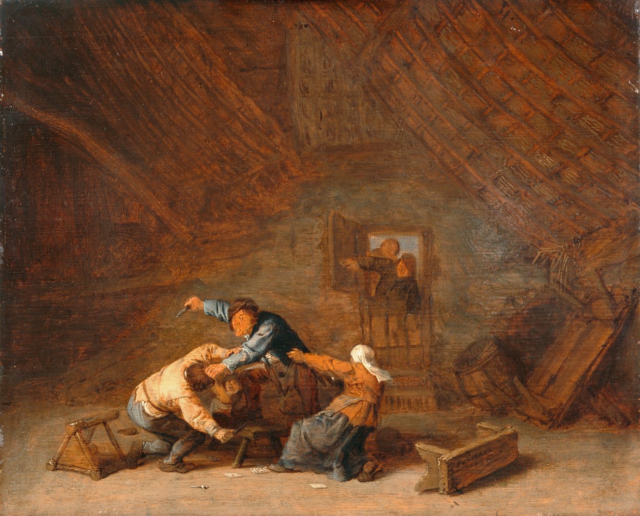 Navetan sisäpuoli, jossa kaksi talonpoikaa taistelevat tekijältä Adriaen Jansz. van (attr. to) Ostade