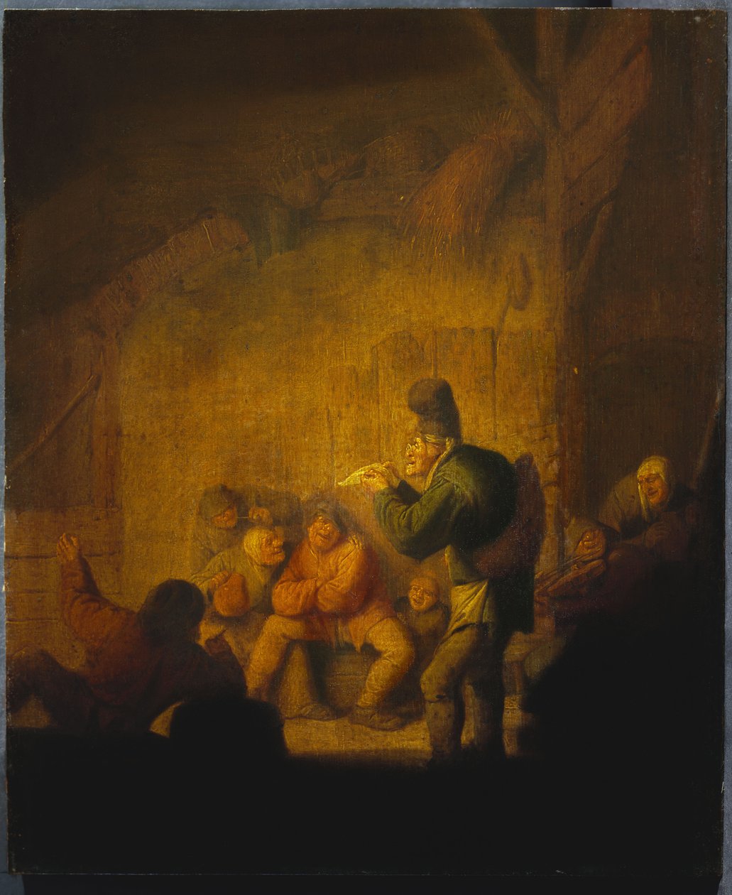 Navetan sisätilat, jossa narri kunnioittaa seuralaisiaan, n. 1632 tekijältä Adriaen Jansz. van Ostade