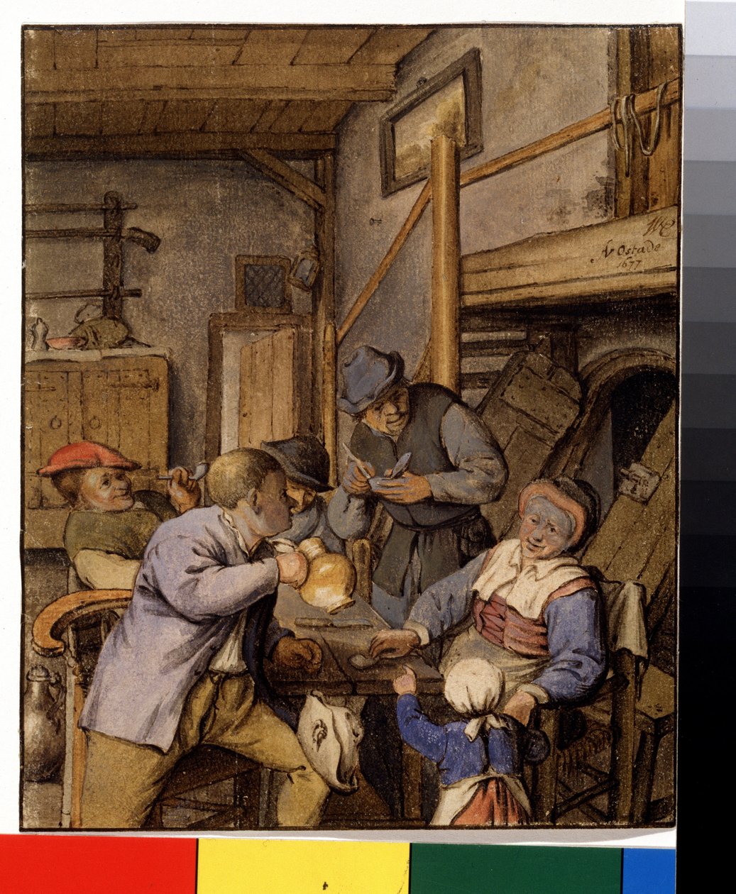 Majatalossa (Tavernassa). Talonpojat tupakoivat ja juovat pöydässä kellarin sisäänkäynnin edessä. Adriaen Jansz Van Ostaden (1610-1685) maalaus, noin 1667. Hollantilainen maalaus. Lyijykynä, sivellin ja akvarelli paperille. Pushkin-museo, Moskova tekijältä Adriaen Jansz. van Ostade