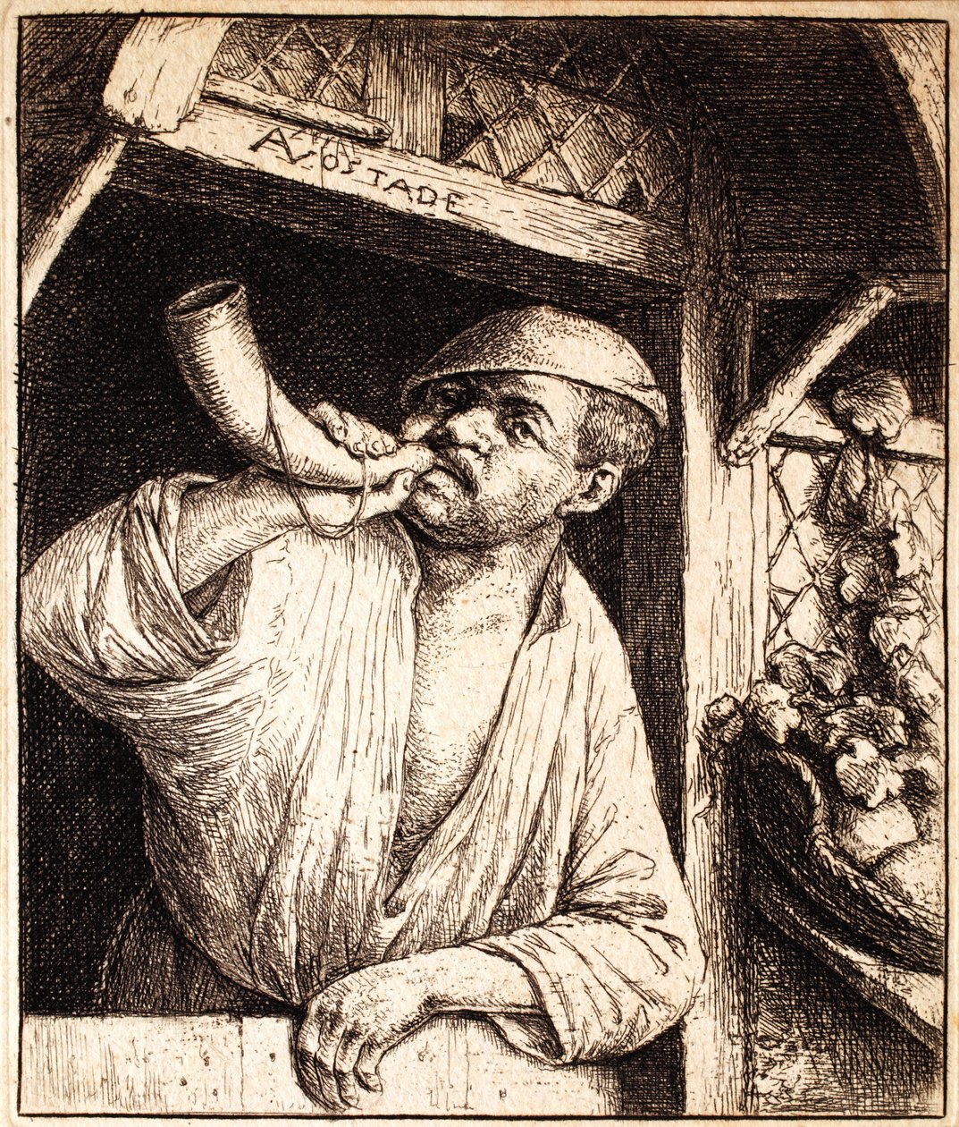 Baker soitti torveaan, noin 1670 tekijältä Adriaen Jansz. van Ostade