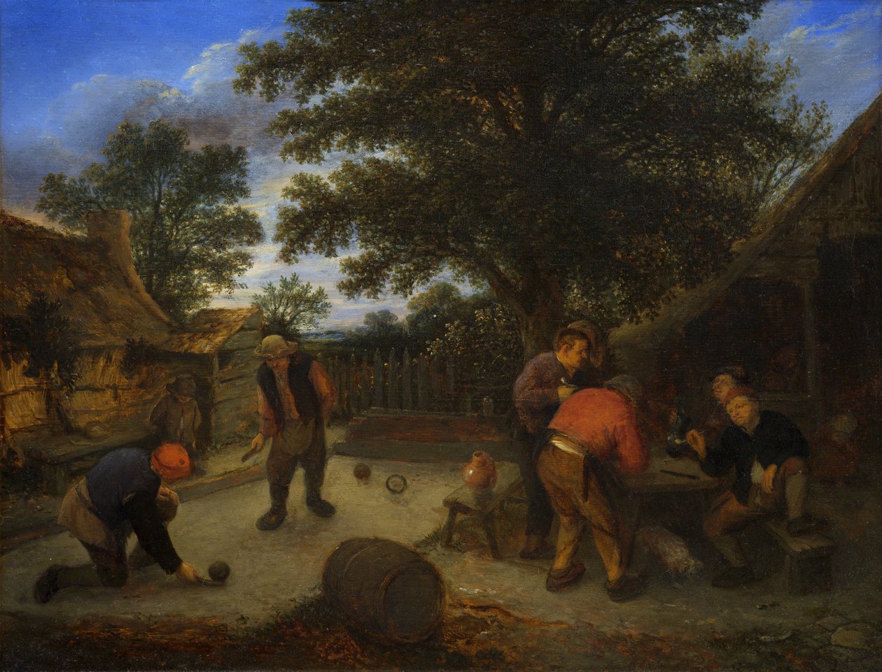 Palloilijoita majatalon puutarhassa, noin 1660 (öljy paneelille). tekijältä Adriaen Jansz. van Ostade