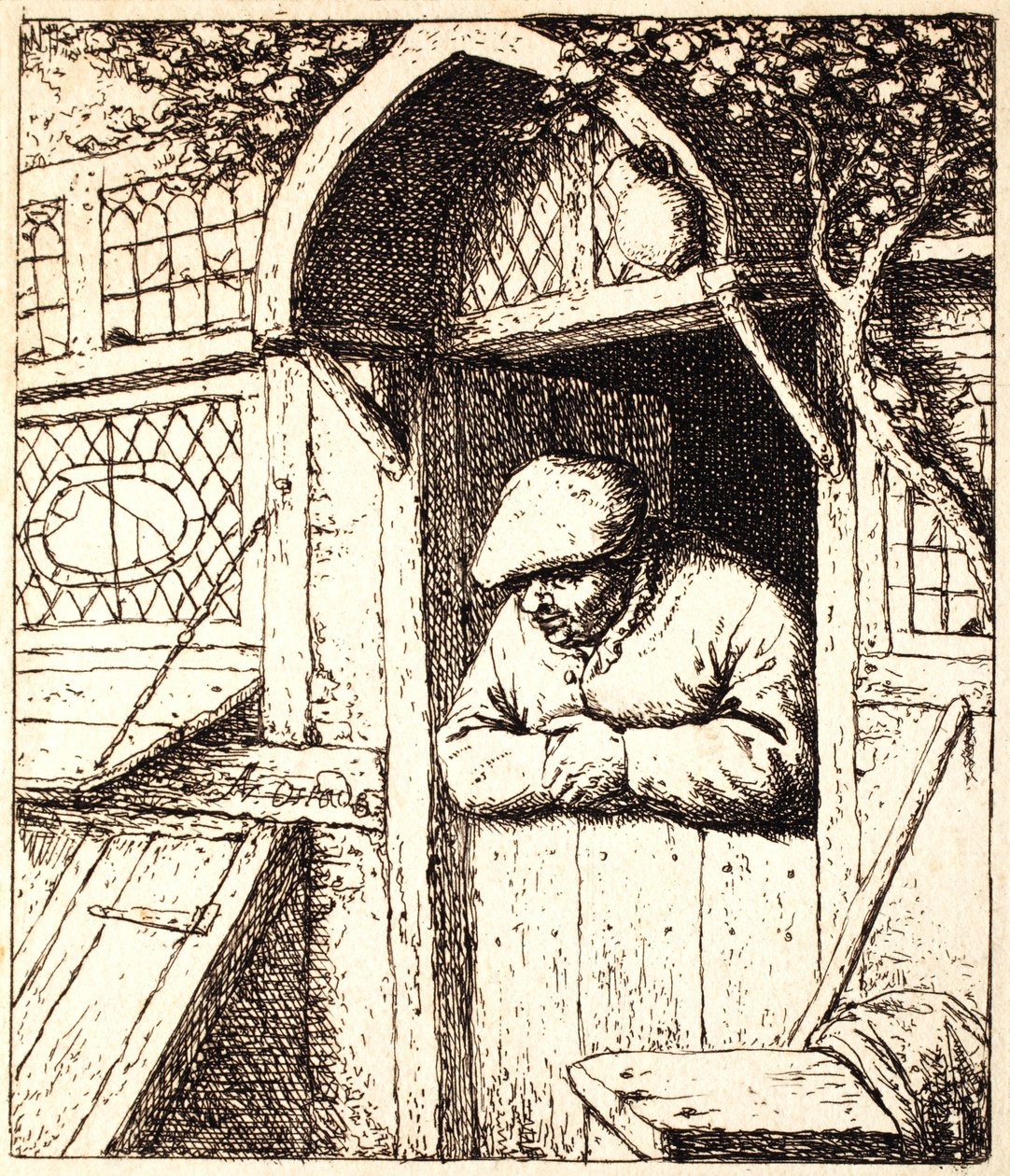 Mies nojaa ovelle, n.1672 (etsaus) tekijältä Adriaen Jansz. van Ostade