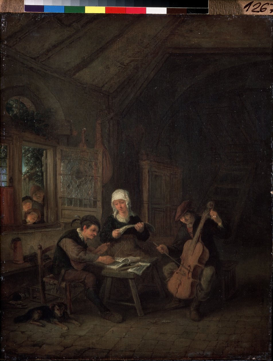 Kylämuusikot (Rural Musicians). Viulisti ja sellisti soittamassa talossa. Adriaen Jansz Van Ostaden (1610-1685) maalaus tekijältä Adriaen Jansz. van Ostade