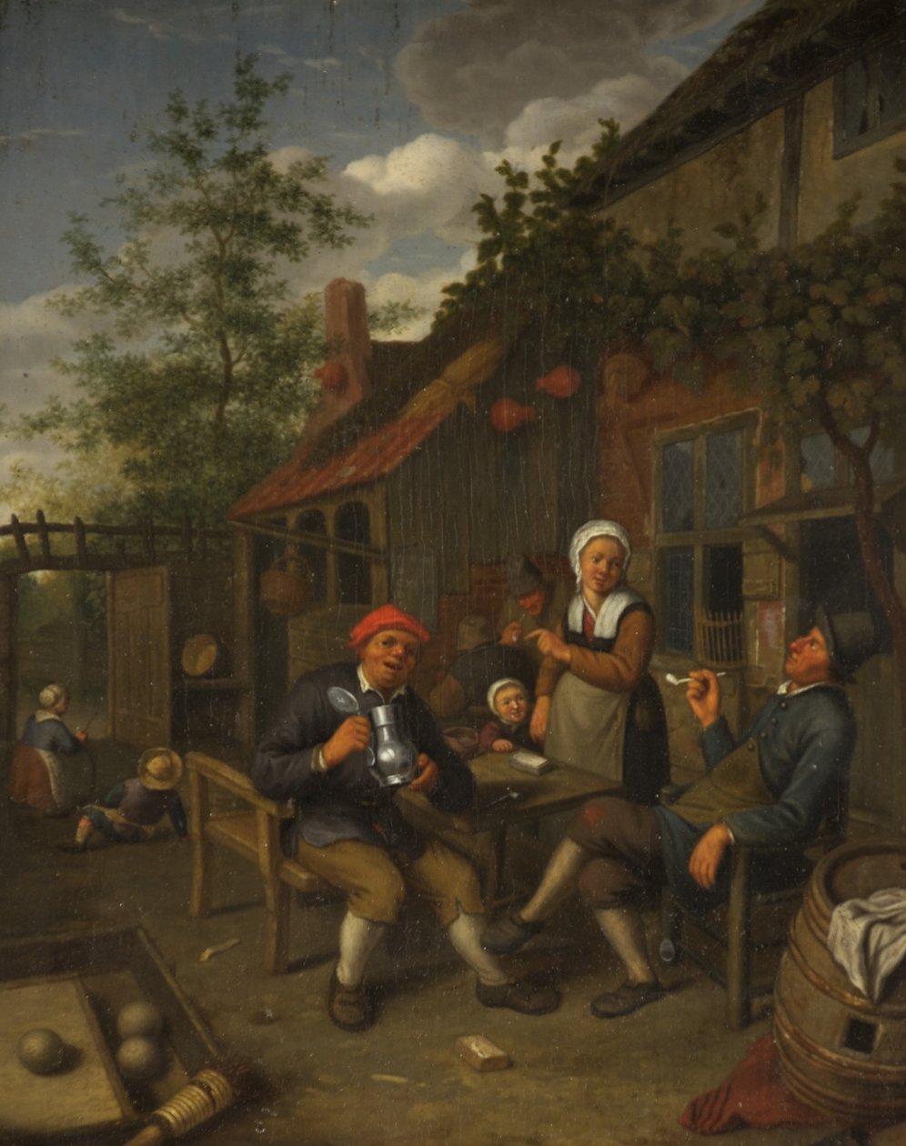 Talonpojat juovat majatalon ulkopuolella (öljy paneelissa) tekijältä Adriaen Jansz. van Ostade