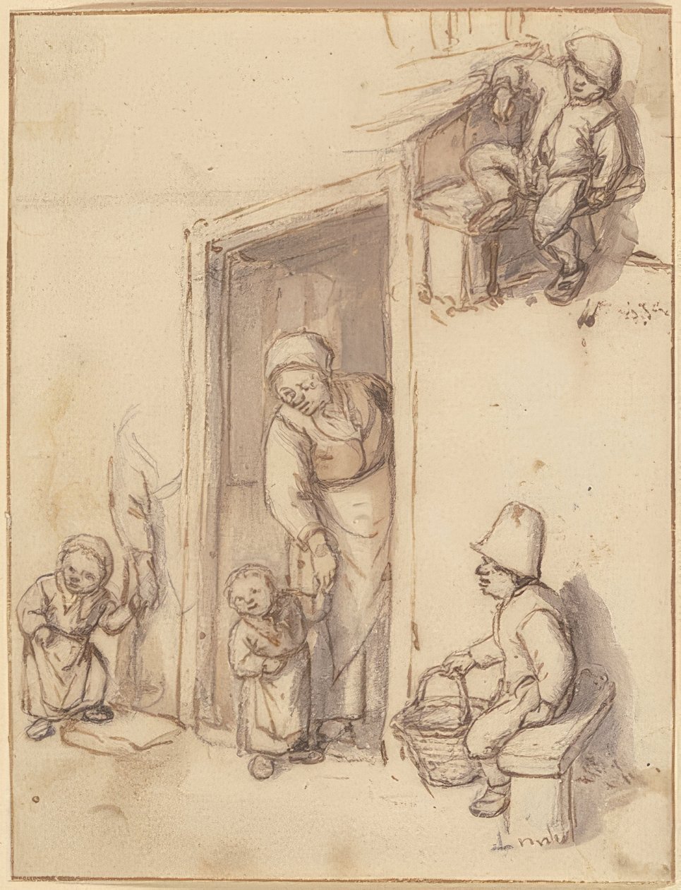 Opintolehti, jossa äiti ja hänen tyttärensä etuovessa, kaksi poikaa istumassa. 1660-luku tekijältä Adriaen Jansz. van Ostade