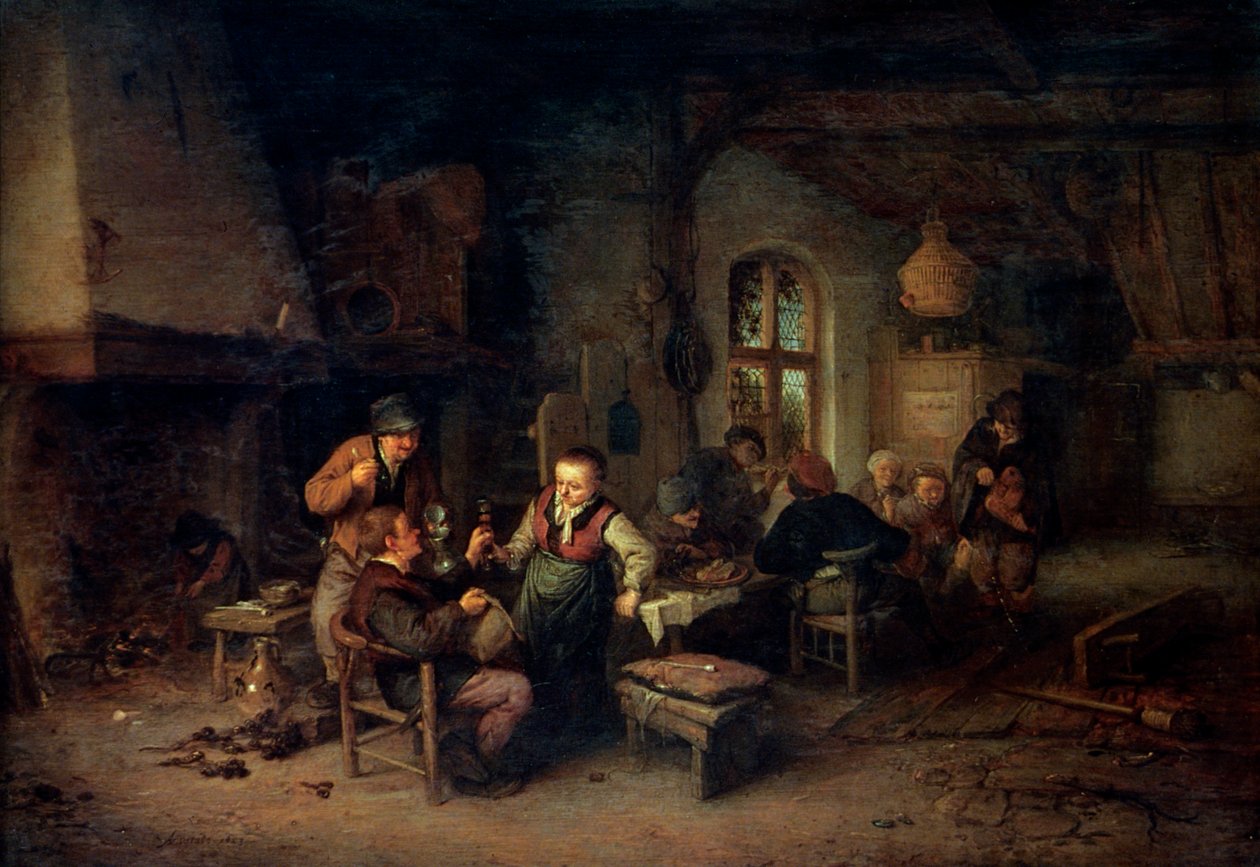 Majatalon sisustus, jossa on yhdeksän talonpoikaa ja Hurdy-Gurdy-soitin, 1653. tekijältä Adriaen Jansz. van Ostade