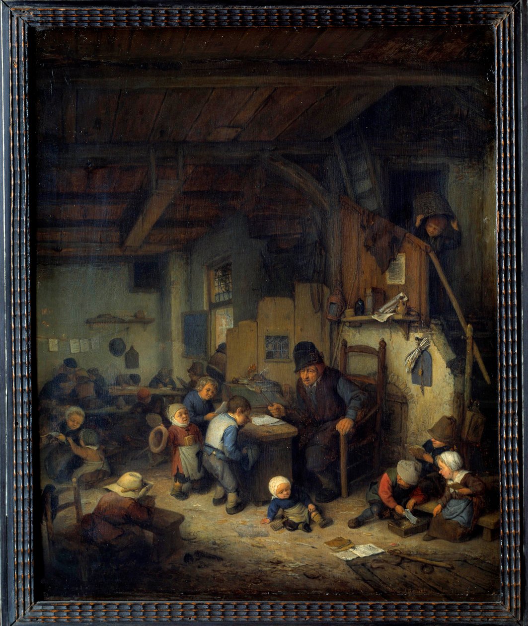 Koulumestari Scene-luokka, vanha opettaja, jolla on pieniä oppilaita suosikkitaustoista. Adrien van Ostaden (1610-1685) maalaus 1662 Su. 0,4x0,32 m tekijältä Adriaen Jansz. van Ostade