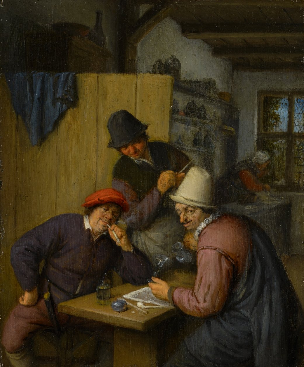 Kolme juovaa ja tupakoivaa maanviljelijää tavernassa, 1666-67 tekijältä Adriaen Jansz. van Ostade