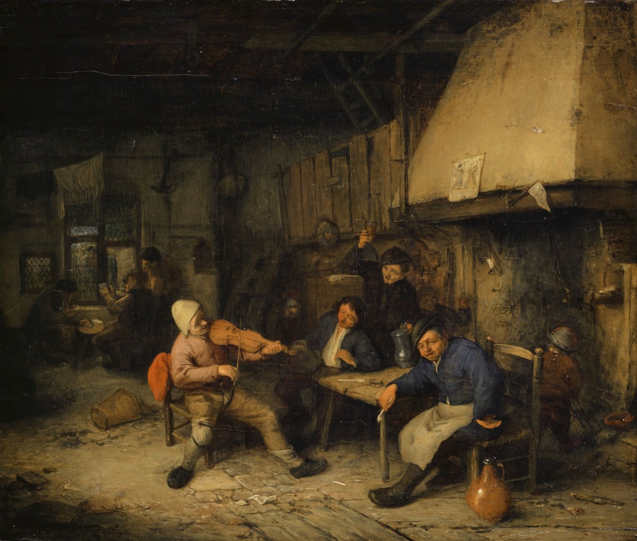 Viulunsoittaja ja juovat maanviljelijät tavernassa, 1663 tekijältä Adriaen Jansz. van Ostade