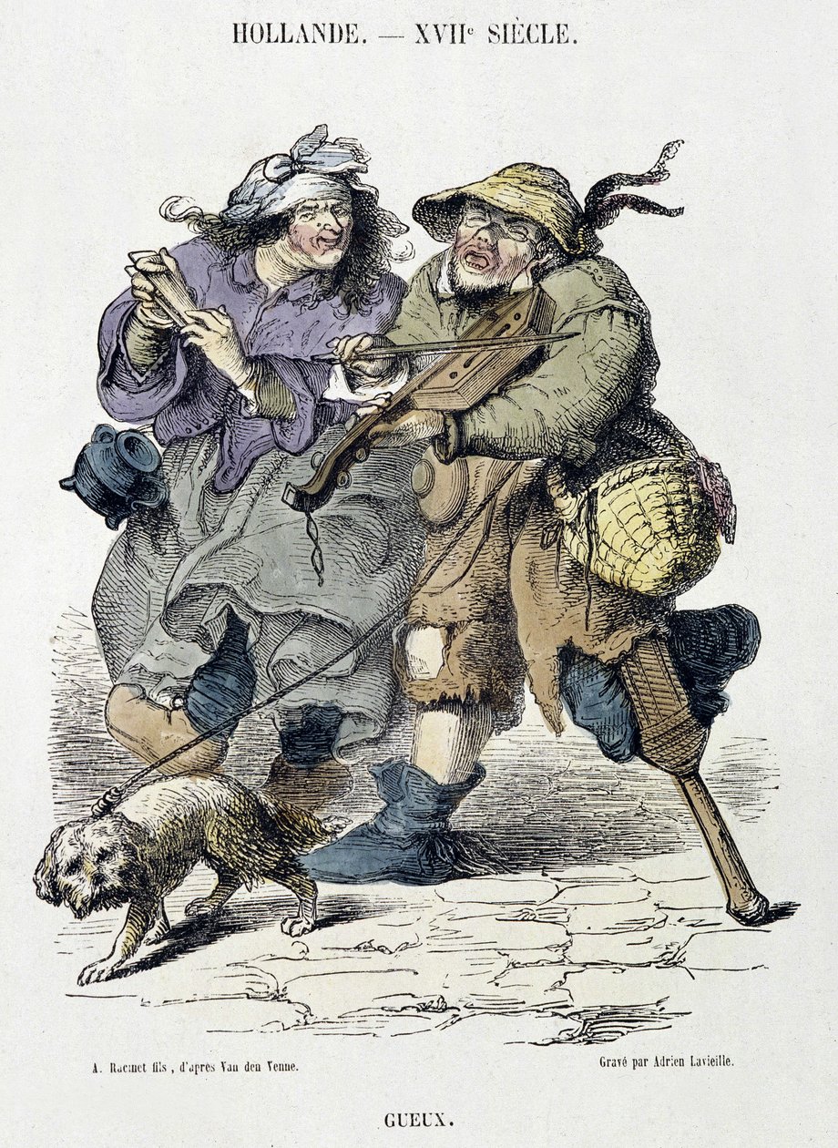Gueux soittaa katumusiikkia, Hollanti, XVII vuosisata. tekijältä Adriaen Pietersz van de (after) Venne