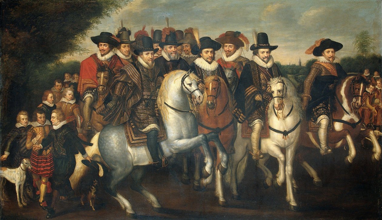 Prinssi Maurice mukana hänen kaksi veljeään, Frederick V, ruhtinas Palatine ja Nassaun kreivit hevosen selässä tekijältä Adriaen Pietersz van de Venne (follower of)