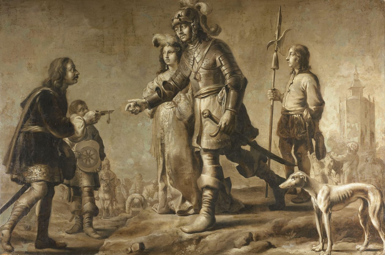 Boudewijn van Heusden (?-870) ja hänen vaimonsa Sophia vastaanottamassa kunnianosoitusta kuningas Edmundin legaatilta, n. 1626 tekijältä Adriaen Pietersz van de Venne (manner of)