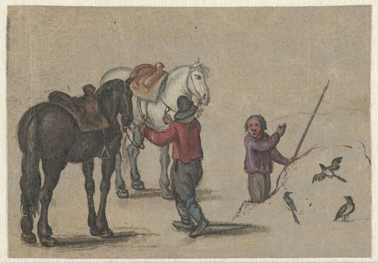 Mies, jolla on kaksi hevosta ja mies lintujen kanssa tekijältä Adriaen Pietersz van de Venne (possibly)