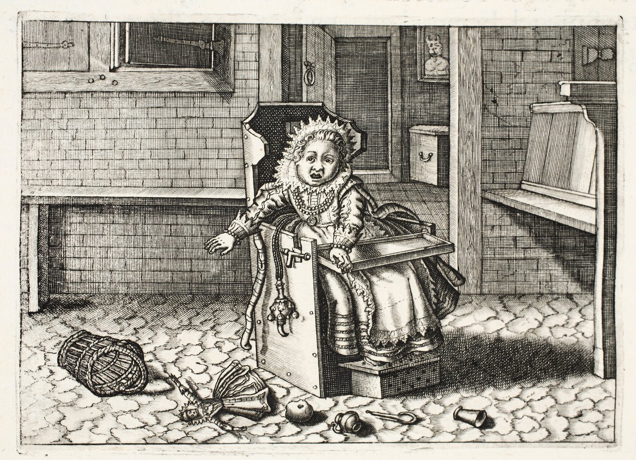 Vauva itkee lelujensa perään, kuvitus Johannes de Brunen (1589-1658) teoksesta "Emblemata of Zinne-werk", Jan Jacobs Schipper, Amsterdam, 1661. tekijältä Adriaen Pietersz van de Venne