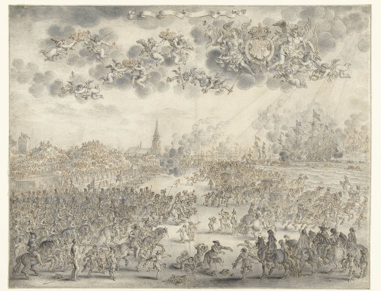 Kaarle II:n lähtö Scheveningenistä Kuningas Kaarle II lähdössä Scheveningenissä 2. kesäkuuta 1660 tekijältä Adriaen Pietersz van de Venne