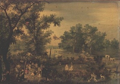 Tyylikkäät naiset, jotka tekevät musiikkia lehtimajassa tekijältä Adriaen Pietersz. van de Venne