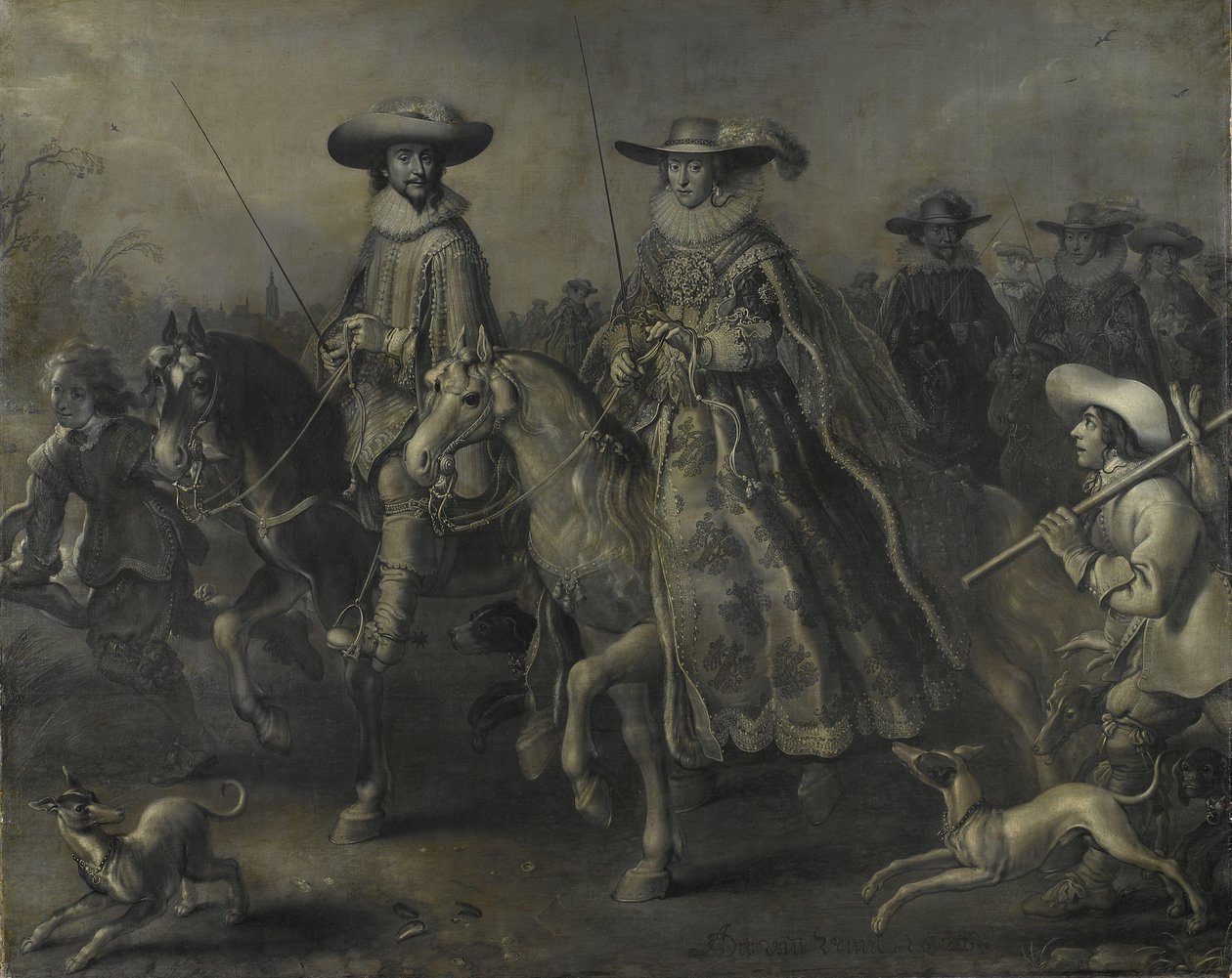 Friedrich V (1596-1632), Pfalzin vaaliruhtinas, Böömin kuningas ja hänen vaimonsa Elizabeth Stuart (1596-1662) hevosen selässä tekijältä Adriaen Pietersz van de Venne