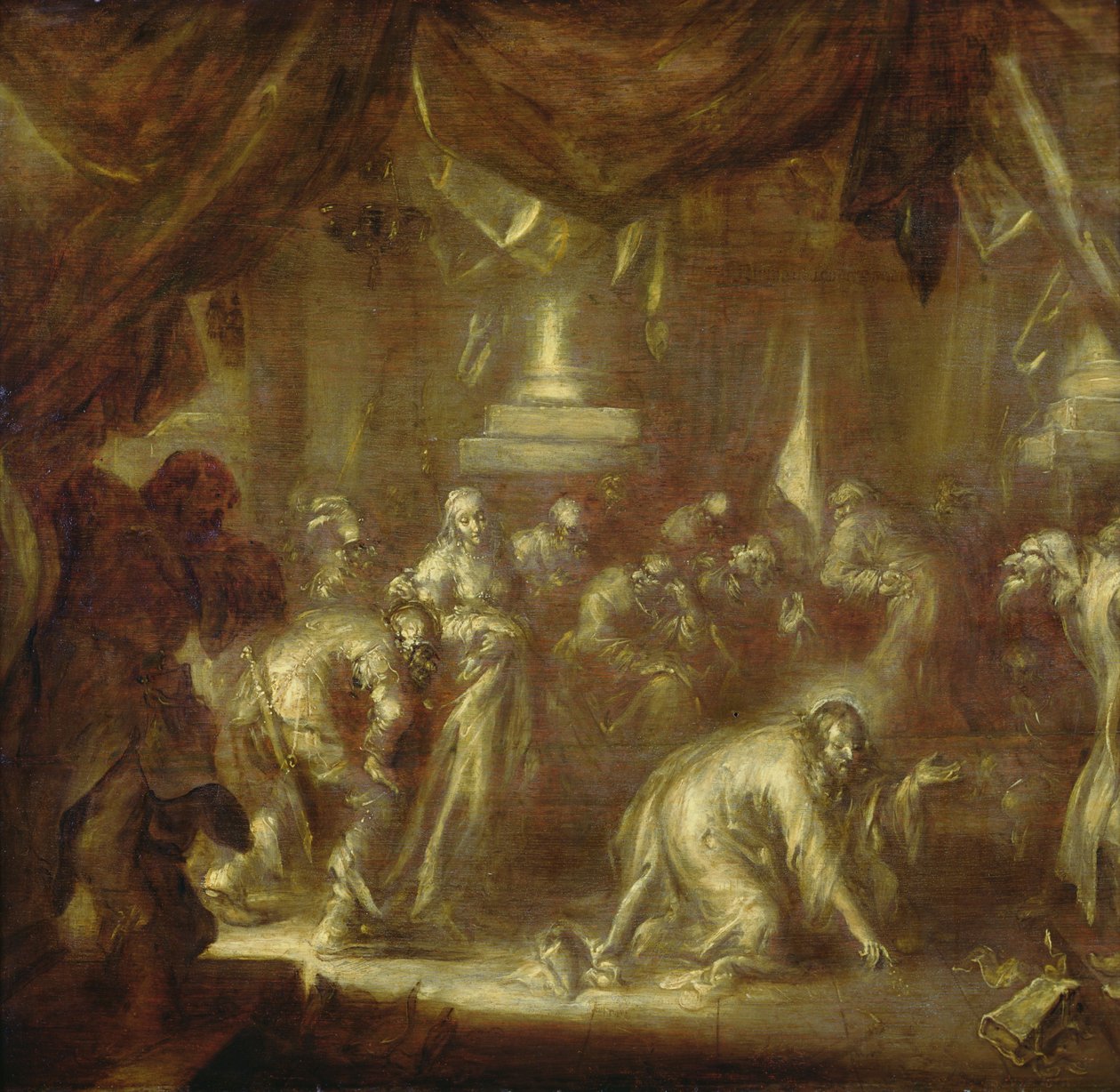 Jeesus ja avionrikkoja (grisaille puussa) tekijältä Adriaen Pietersz van de Venne
