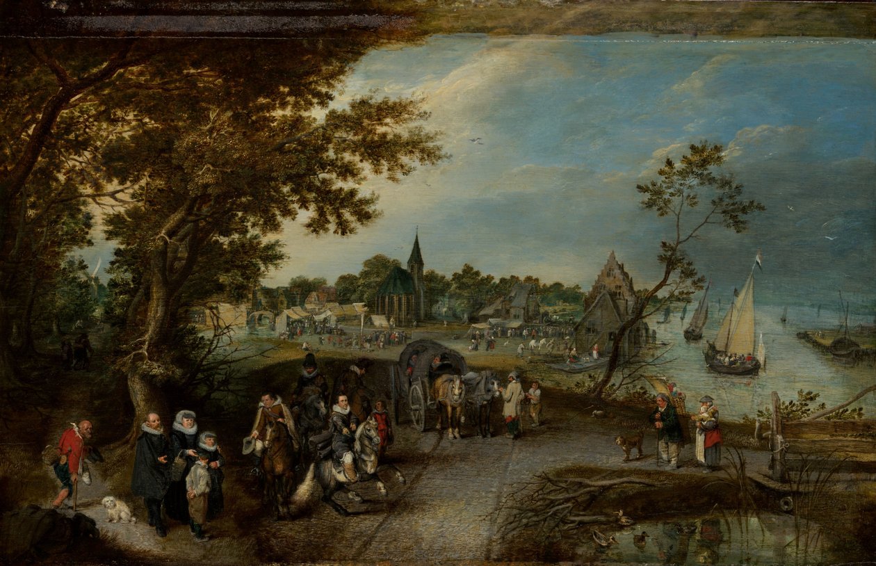 Maisema hahmoineen ja kylämessut (Kermesse kylä) tekijältä Adriaen Pietersz van de Venne