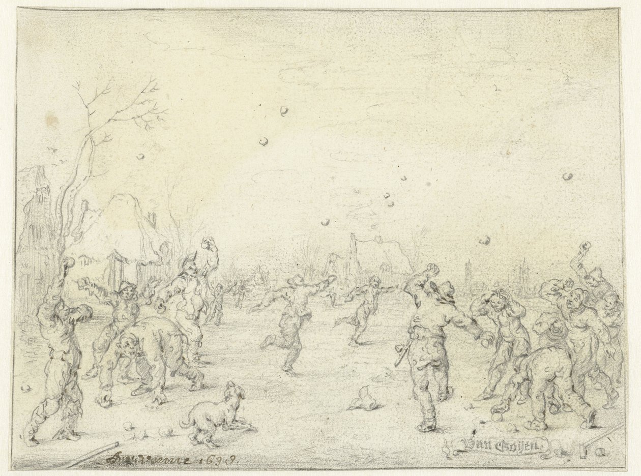 Miehet ja pojat heittelevät lumipalloja tekijältä Adriaen Pietersz van de Venne
