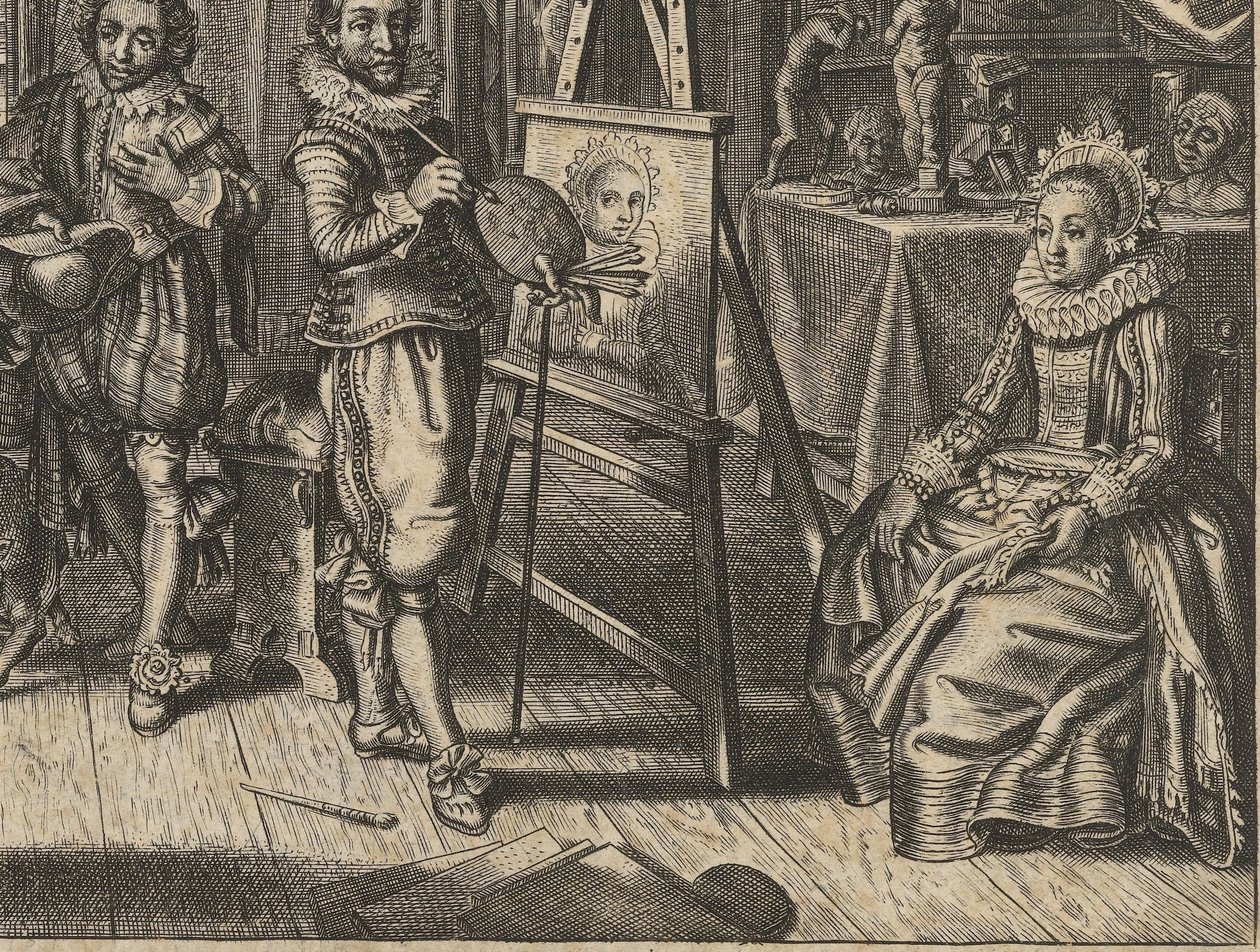 Taidemaalari ja naismalli studiossa Howelyck (sarjan nimi) tekijältä Adriaen Pietersz van de Venne