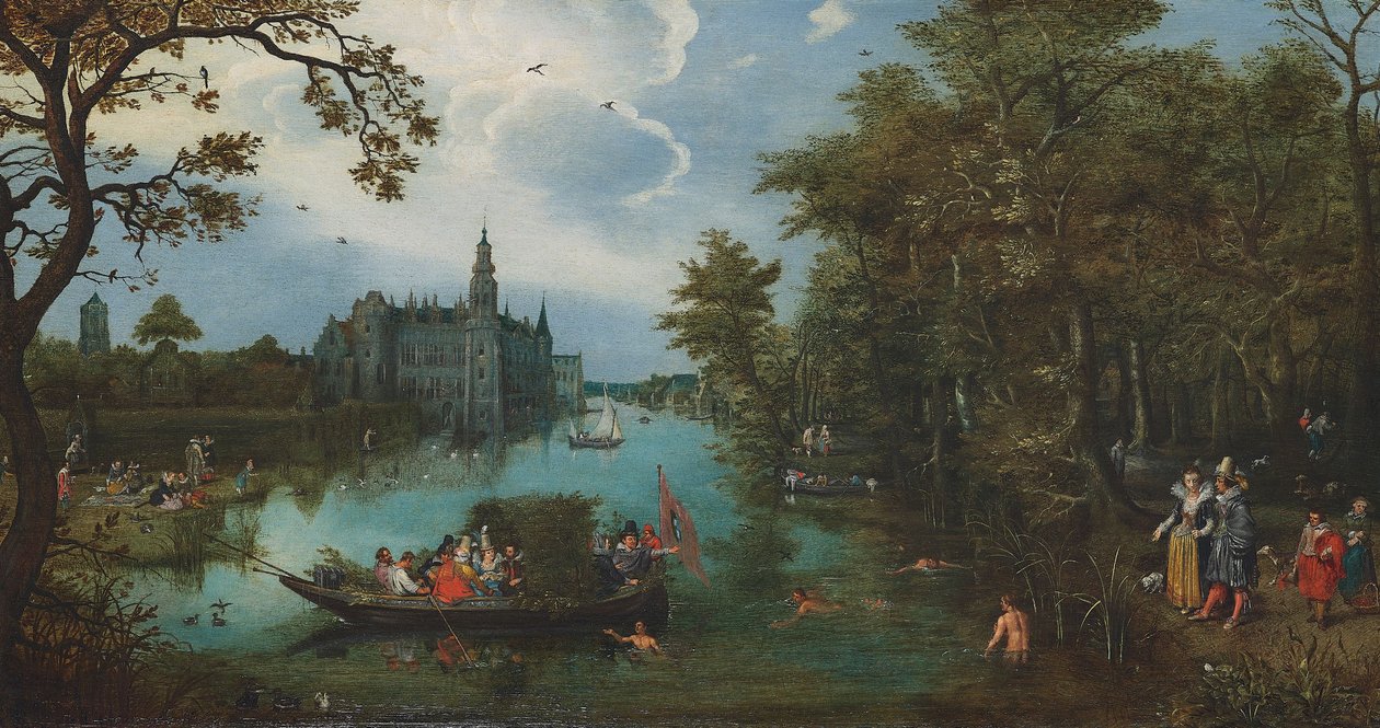 Kesäinen maisema, jossa veneilijät ja uimarit tekijältä Adriaen Pietersz. van de Venne