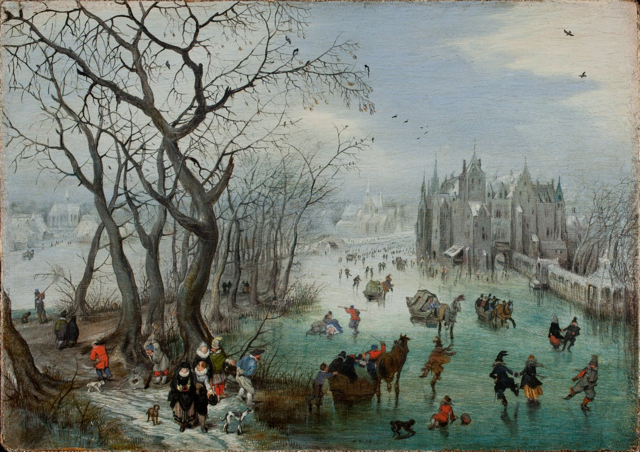 Talvimaisema luistelijoiden kanssa lähellä linnaa, 1615 tekijältä Adriaen Pietersz van de Venne