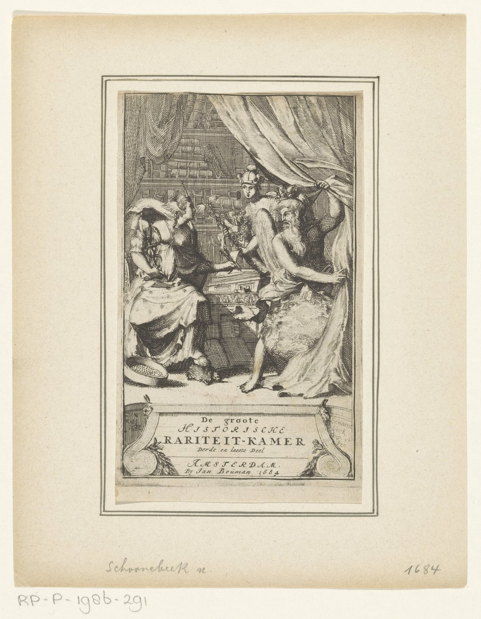 Allegorinen esitys Isän ajan, Merkuriuksen ja viisauden kanssa The Great Historical Curiosity Room Kolmas ja viimeinen osa (otsikko esineessä) Nimisivu: Simon de Vries, Uteliaiden mielien jaloin aikavähennys tai Suuri historiallinen rar tekijältä Adriaen Schoonebeek