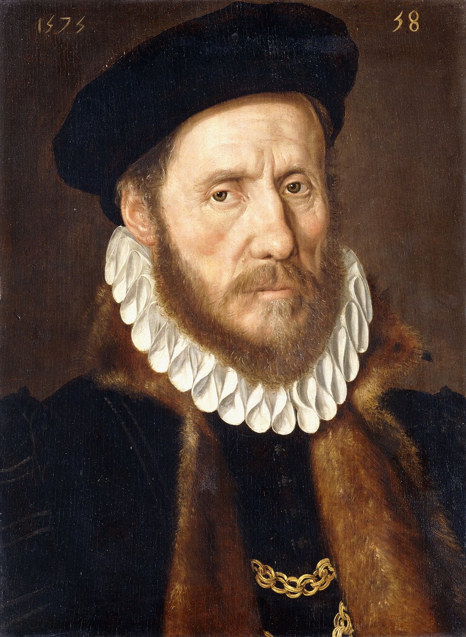 Muotokuva parrakkaasta herrasmiehestä, rinnan pituus, kultaketjut turkisvuoratun takin alla, 1575 tekijältä Adriaen Thomasz Key