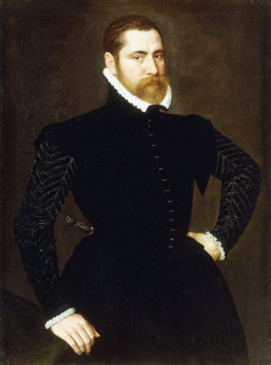 Herrasmiehen muotokuva, kolme neljäsosaa, yllään musta puku ja valkoinen röyhelö, 1564 tekijältä Adriaen Thomasz Key