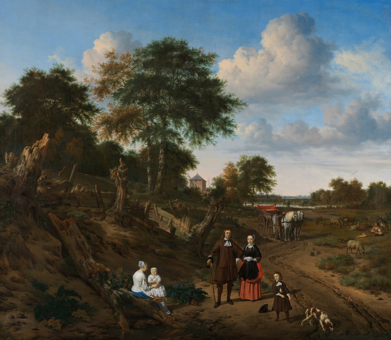 Muotokuva pariskunnasta, jossa on kaksi lasta ja sairaanhoitaja maisemassa, 1667 tekijältä Adriaen Velde van de