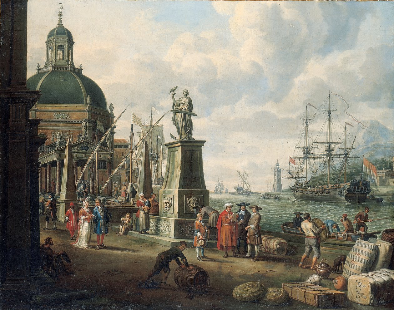 Capriccio Välimeren satamasta kauppiaiden kanssa, elegantti pariskunta laiturilla, Toivo-patsaan ja barokkikirkon edessä, majakka, hollantilainen sotamies ja muuta laivaliikennettä sen jälkeen, 1700 tekijältä Adriaen Verdoel