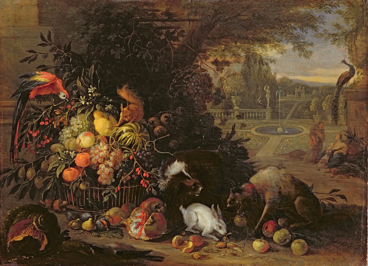Puutarha-asetelma, noin 1700 (öljy paneelille). tekijältä Adriaen de Gryef