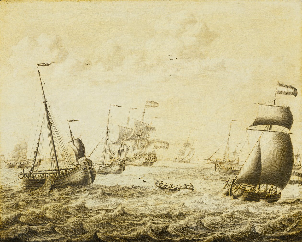 Hollantilainen silakan kalastus, 1600-luvun loppupuoli (grisaille, paneeli) tekijältä Adriaen or Abraham Salm