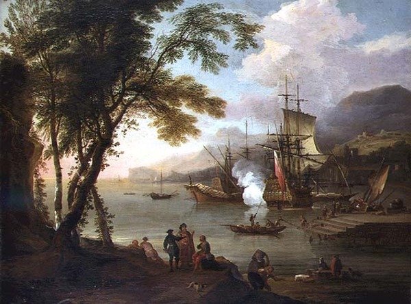 Välimeren sataman capriccio merenkulkua, kauppiaita ja satamakäsiä tekijältä Adriaen van Diest