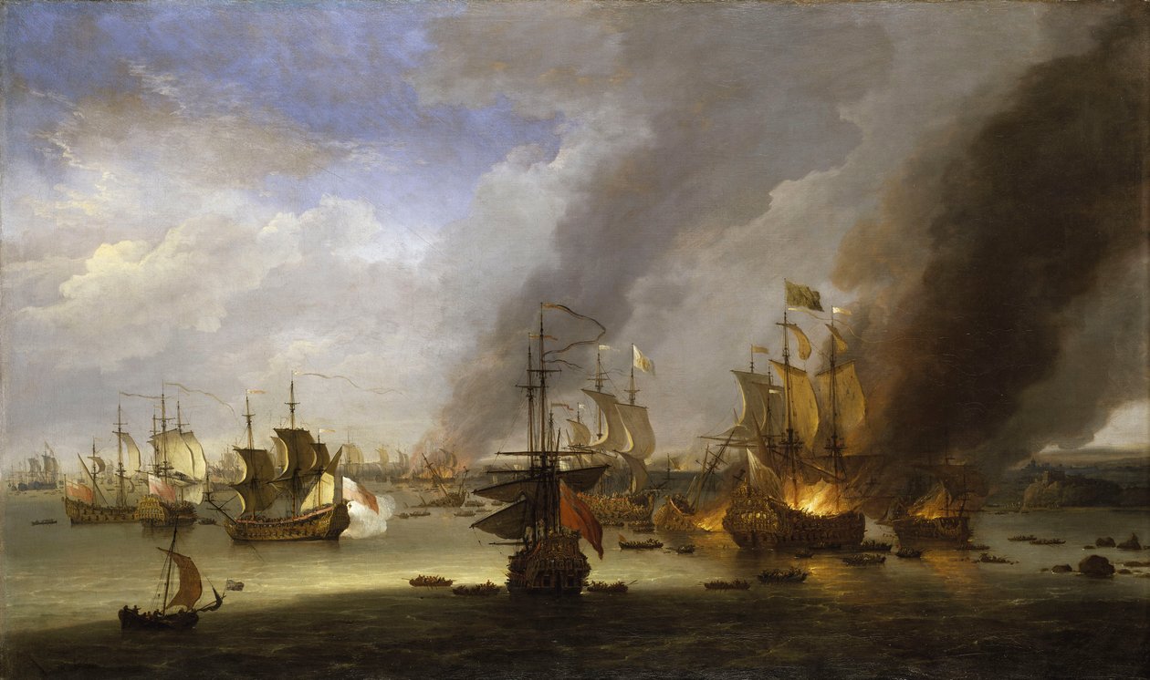 Soleil Royal -aluksen tuhoutuminen La Hoguen taistelussa 23. toukokuuta 1692, noin 1700 (öljymaalaus). tekijältä Adriaen van Diest