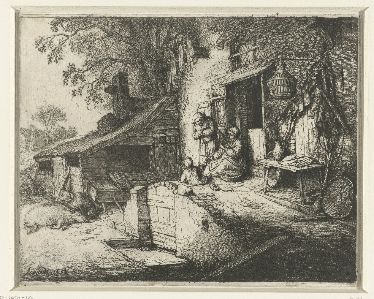 Pyörivä nainen talon edessä Pyörivä nainen ovella tekijältä Adriaen van Ostade (signed by artist)
