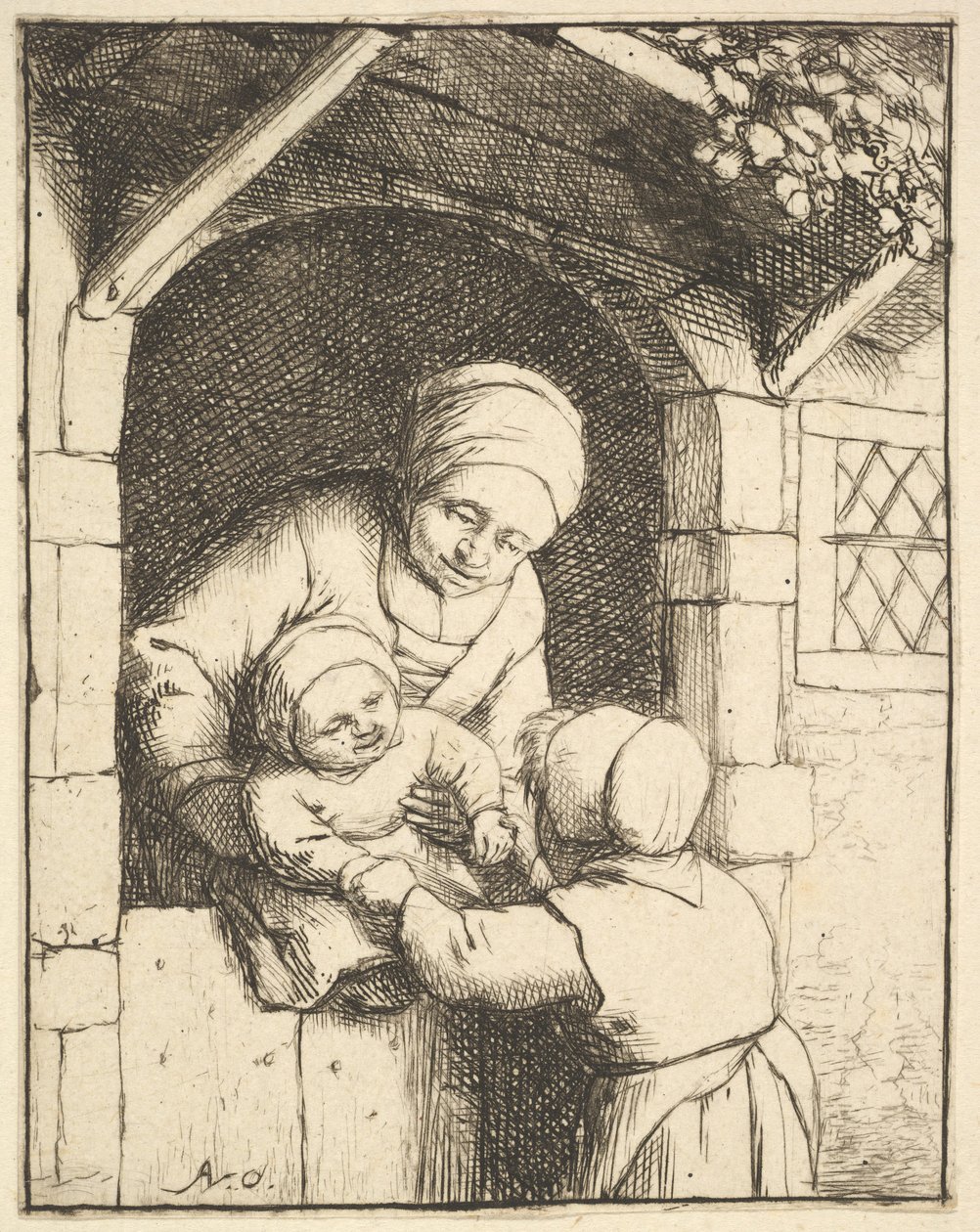 Pieni tyttö leikkii vauvan kanssa äidin sylissä, 1610-85. tekijältä Adriaen van Ostade