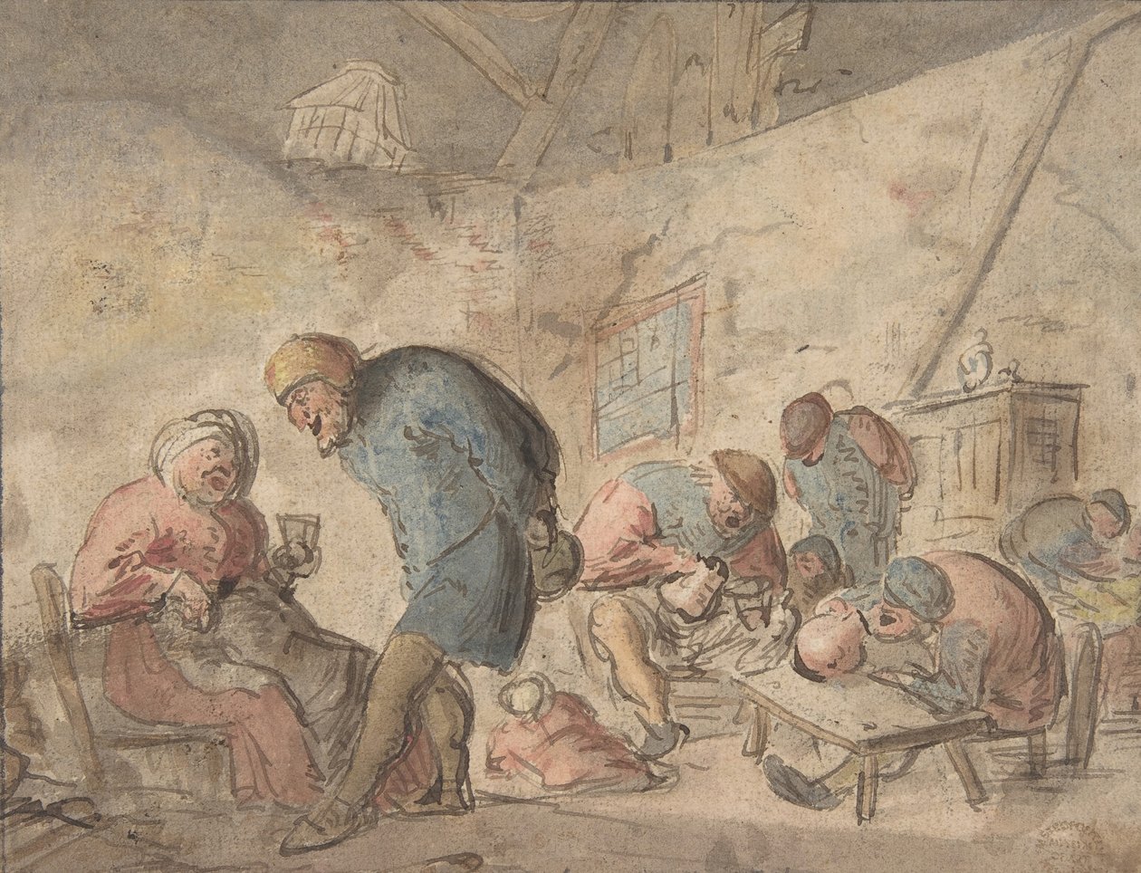 Talonpoikien juominen, verso: luonnoksia talonpoikaista, 1610-85. tekijältä Adriaen van Ostade.