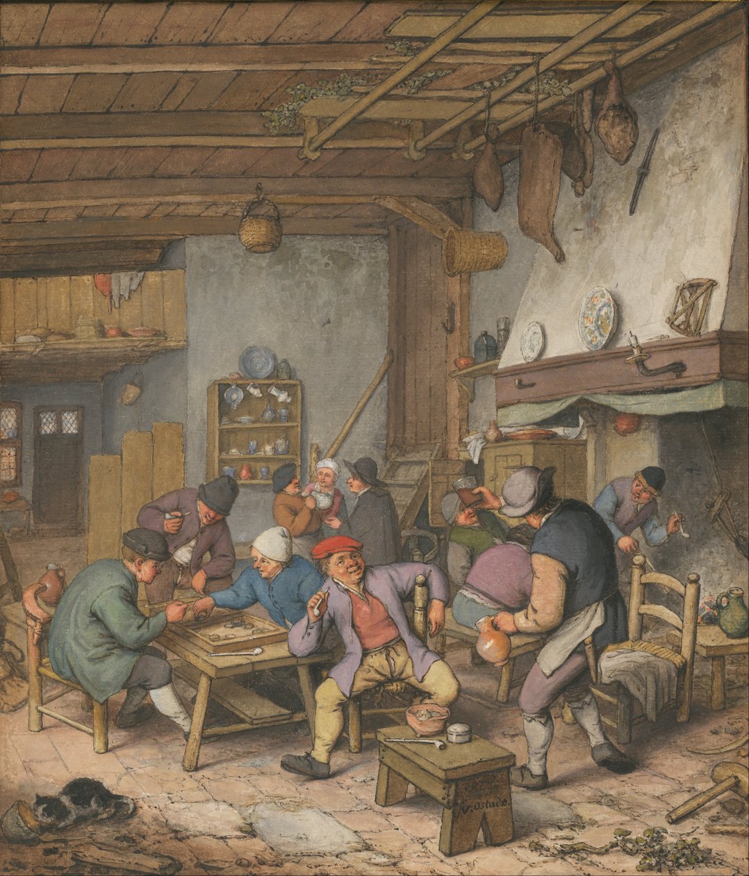 Huone majatalossa, jossa talonpojat juovat, tupakoivat ja pelaavat backgamia, 1678. tekijältä Adriaen van Ostade