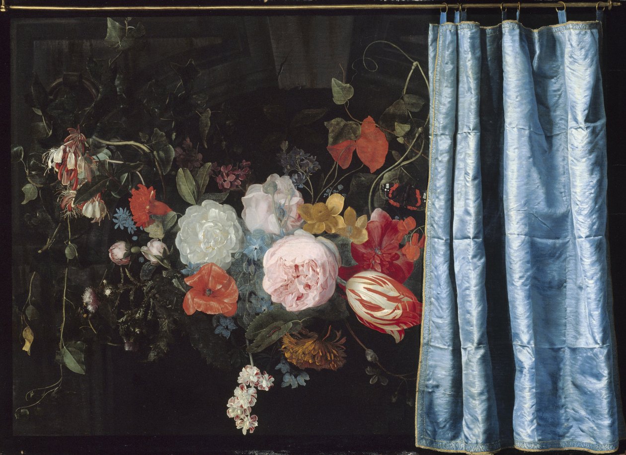Trompe-l"Oeil asetelma kukkaseppeleellä ja verholla, 1658 tekijältä Adriaen van Spelt